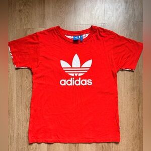 Y2K Adidas Mens Shirt S  Red Stripes Graphic Crew Neck Short Sleeve Original